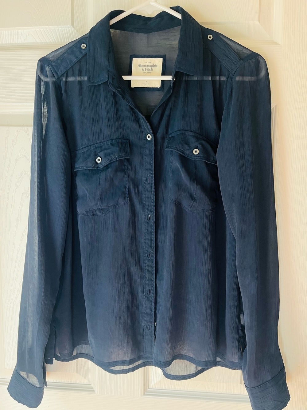 Abercrombie & Fitch Navy Blue Sheer Button-Front Top, Size M